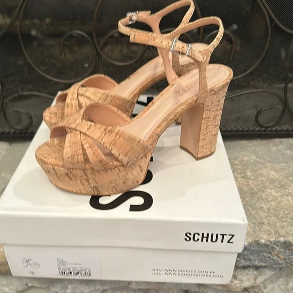SCHUTZ Tan Platform Heels with Chunky Cork Heel - Picture 9 of 16